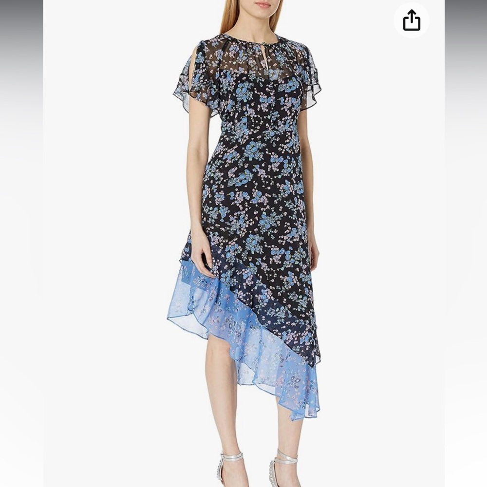 SOLD!Nanette Lepore Black Blue Floral Desdemona Flutter Silk Asymmetrical Dress